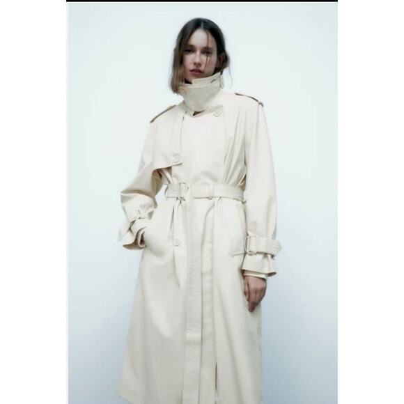 Zara Belted Faux Leather cream Trench Coat  size medium oversize NWT ￼ - Picture 1 of 16